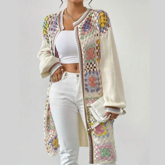 Free with Purchase Shein Granny Square Cardigan Long Sleeve Open Front - Picture 1 of 9